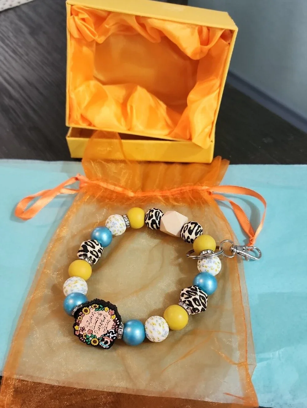 Beaded Key Chain in Yellow, Teal & Black Leopard with Satin Lined Box